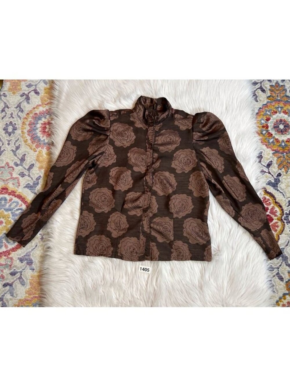 Vintage 90s Womens Blouse SM Brown Floral Long Sleeve Puff Mock Grannycore Chic
